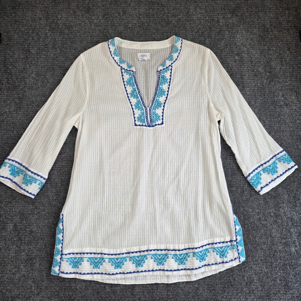Sigrid Olsen Womens Medium White Blue Embroidered Cotton Gauze Tunic Top Boho